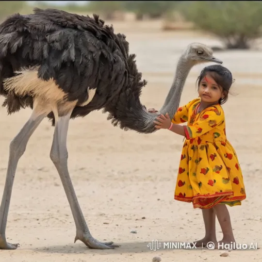 Young Girl Playfully 'Fights' with Ostrich in Fun Sequence – AI Generated Video | Hailuo AI