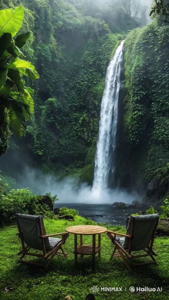 Mystical Forest Waterfall with Secluded Chairs and Table – AI Generated Video | Hailuo AI