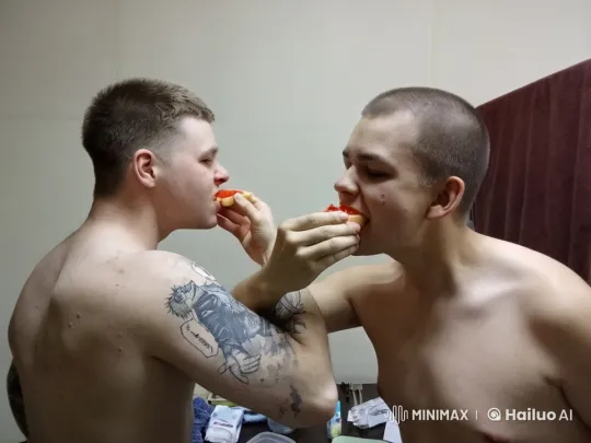 Shirtless Men Competitively Eat Fruit – AI Generated Video | Hailuo AI