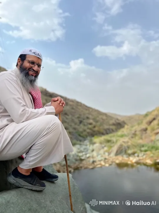 Traditional Man Smokes by Peaceful Water with Rocky Hills – AI Generated Video | Hailuo AI