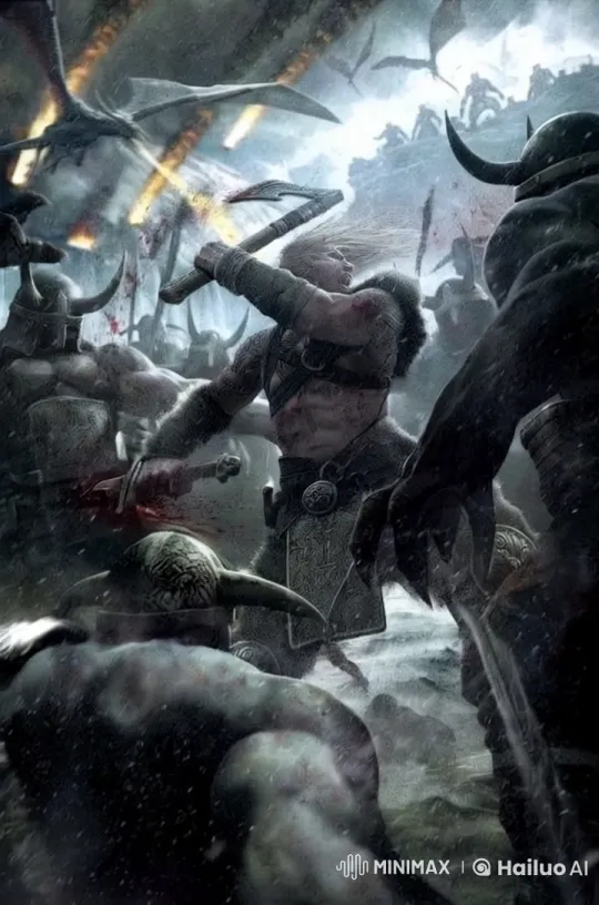 Warrior with Axe Fights Enemies in Stormy Battle – AI Generated Video | Hailuo AI