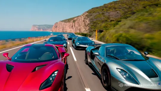 High-Performance Sports Cars Race on Coastal Highway – AI Generated Video | Hailuo AI