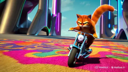 Futuristic Cat Rides Motorcycle on Carpeted Road – AI Generated Video | Hailuo AI