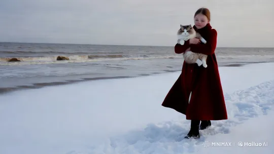 Russian Girl and Cat on Serene Winter Beach – AI Generated Video | Hailuo AI