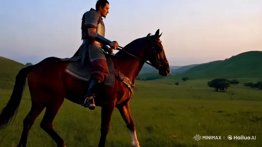 Aesthetic Cinematic Clip: Fighter on a Majestic Horse – AI Generated Video | Hailuo AI