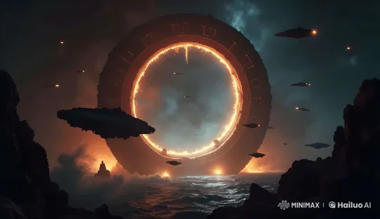 Futuristic Spacecraft Fly Through Exploding Ring Over Turbulent Ocean – AI Generated Video | Hailuo AI