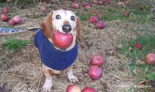 Dog in Blue Sweater Battles Grape Godzilla in Apple Backflip Drama – AI Generated Video | Hailuo AI