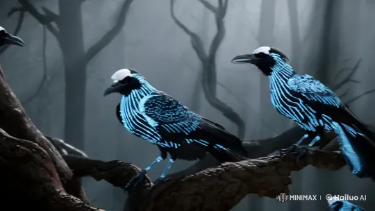Skeletal Crows in Mysterious Moonlit Forest Display – AI Generated Video | Hailuo AI