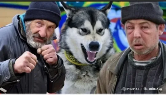 Bearded Man Fights with Board Against Dog and Companion – AI Generated Video | Hailuo AI