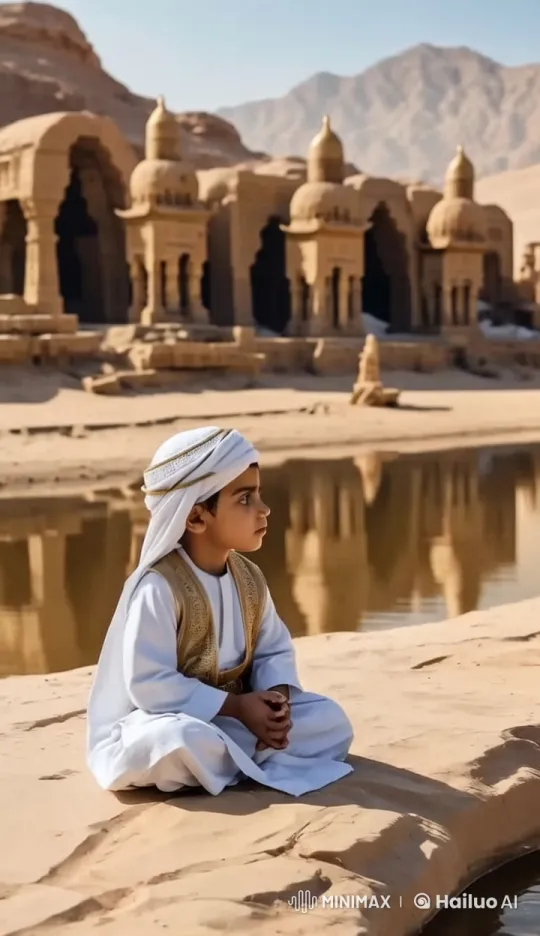 Contemplative Child in Ancient Desert Temple Scene – AI Generated Video | Hailuo AI