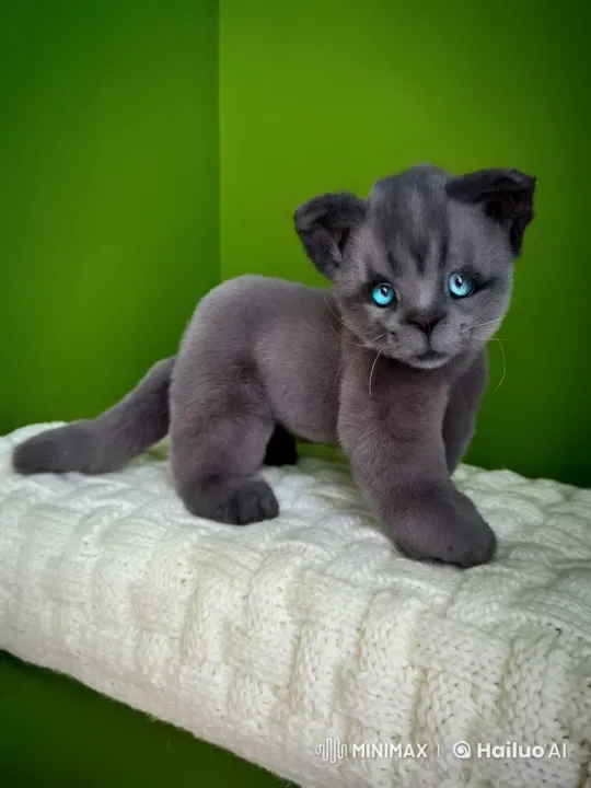Curious Kitten on Knitted Blanket Amidst Green Background – AI Generated Video | Hailuo AI