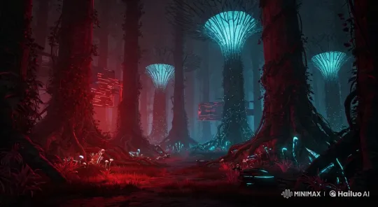 Enchanted Bioluminescent Forest with Hovering Panels – AI Generated Video | Hailuo AI