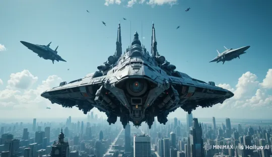 Giant Mothership Overshadows Futuristic Cityscape – AI Generated Video | Hailuo AI