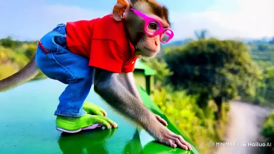 Colorful Monkey Sprints on Moving Train in Pastoral Setting – AI Generated Video | Hailuo AI