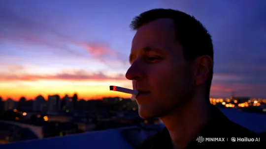 Introspective Man on Twilight Rooftop with Smoky Reflection – AI Generated Video | Hailuo AI