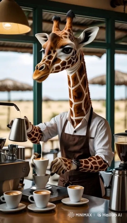 Gus the Giraffe: Tall Barista Crafting Latte Art – AI Generated Video | Hailuo AI