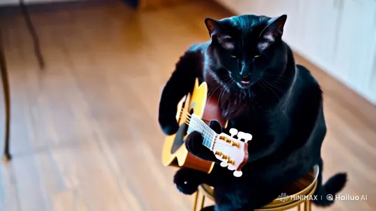 Black Cat Serenades on Guitar in Vintage Setting – AI Generated Video | Hailuo AI