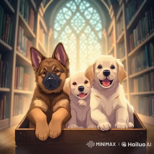Adorable Puppies Nestled in Sunlit Library Crate – AI Generated Video | Hailuo AI