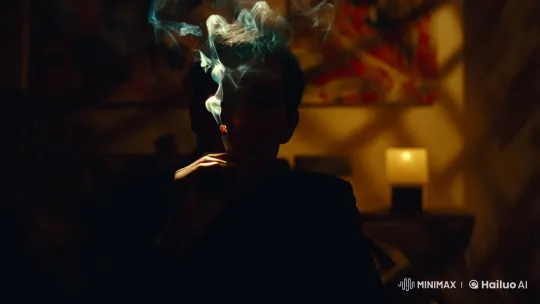 Mysterious Figure in Dimly Lit Room with Art and Smoke – AI Generated Video | Hailuo AI