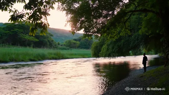 Tranquil River Scene with Solitary Figure at Dusk – AI Generated Video | Hailuo AI