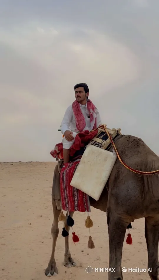 Man Smoking on Camel in Overcast Desert Landscape – AI Generated Video | Hailuo AI