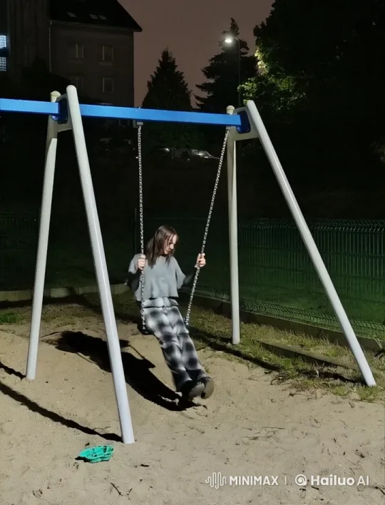 Nighttime Playground: Girl Swings with Style – AI Generated Video | Hailuo AI