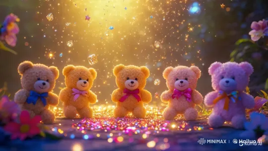 Magical Bears Dance in Luminous Forest Clearing – AI Generated Video | Hailuo AI