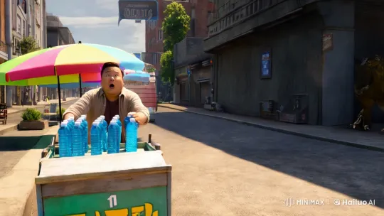 Prehistoric Creature Surprises Modern Street Vendor – AI Generated Video | Hailuo AI