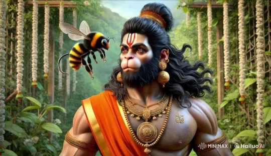 Hanuman-Like Figure Converses with Hovering Bee in Lush Forest – AI Generated Video | Hailuo AI
