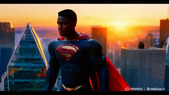 Black Superman Stands Tall Against Dusk Cityscape – AI Generated Video | Hailuo AI