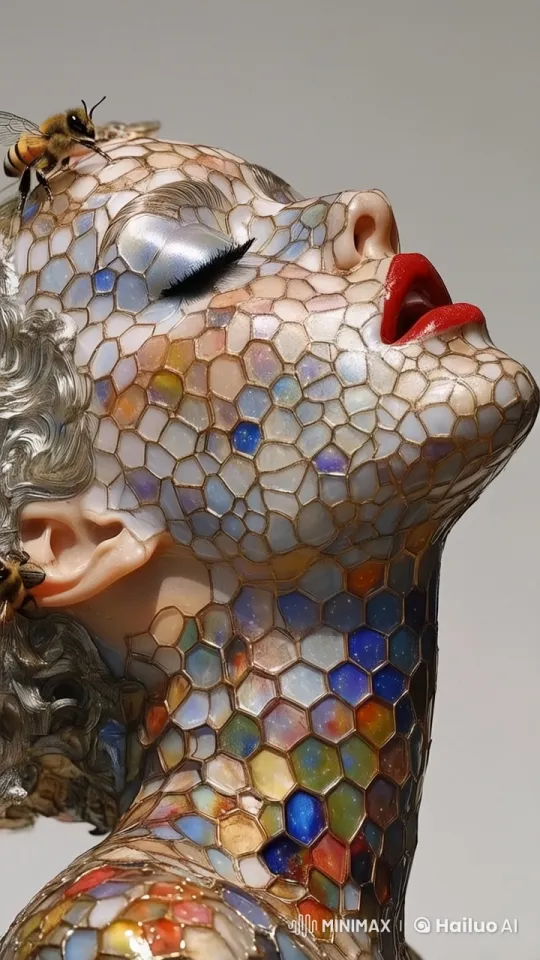 Mosaic-Face with Bees and Serene Makeup – AI Generated Video | Hailuo AI