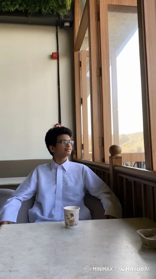 Contemplative Young Man in Serene Café with Scenic View – AI Generated Video | Hailuo AI