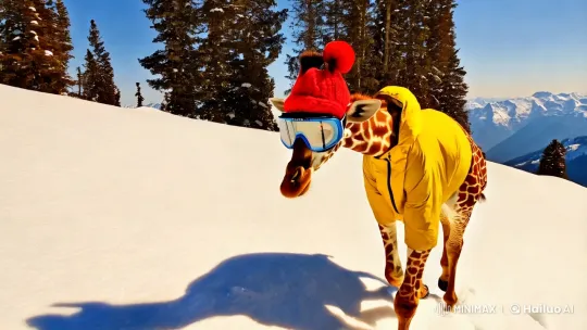 Giraffe in Red Hat Skis Down Snowy Mountain – AI Generated Video | Hailuo AI