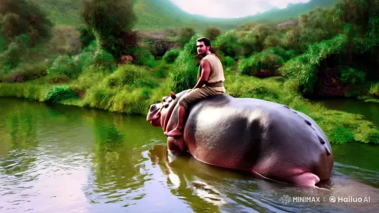 8k Hyper-Realistic Scene: Man Riding a Hippo by a Shimmering River – AI Generated Video | Hailuo AI