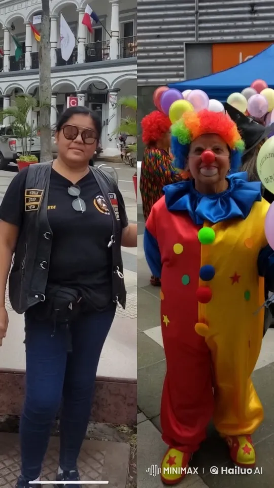 Joyful Clown and Casual Friend Embrace – AI Generated Video | Hailuo AI