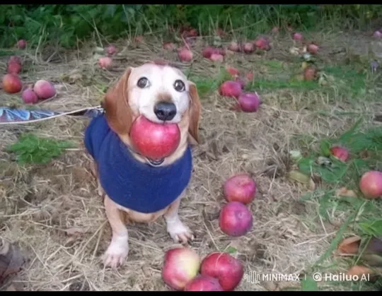 Flying Dog with Apple Lands on Serene Farm – AI Generated Video | Hailuo AI