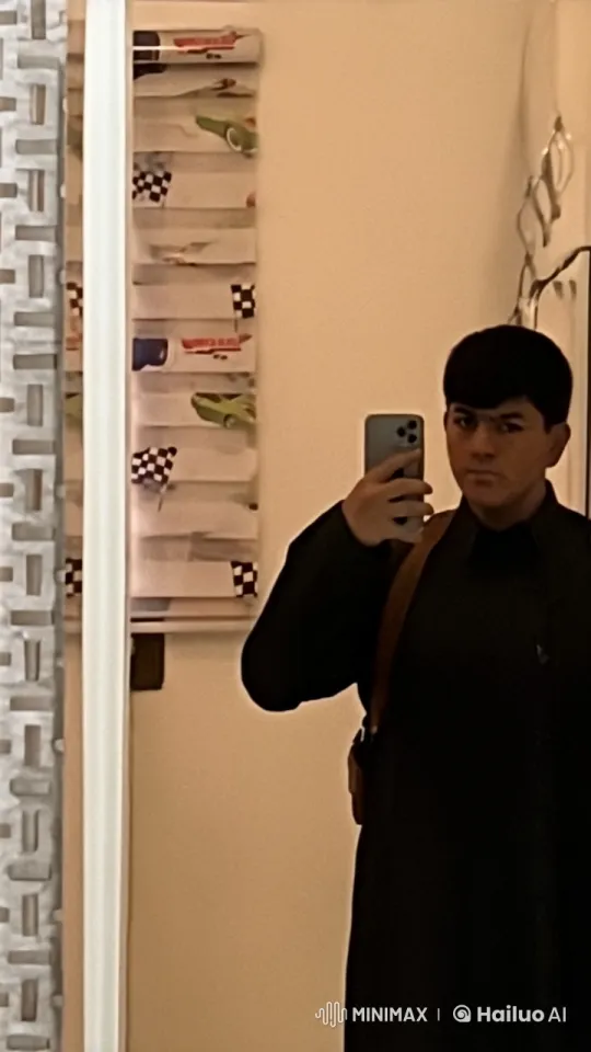 Person Smoking in Front of Mirror with Racing Theme Curtains – AI Generated Video | Hailuo AI