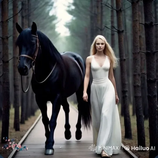 Model and Horse Stroll Gracefully in Forest Setting – AI Generated Video | Hailuo AI