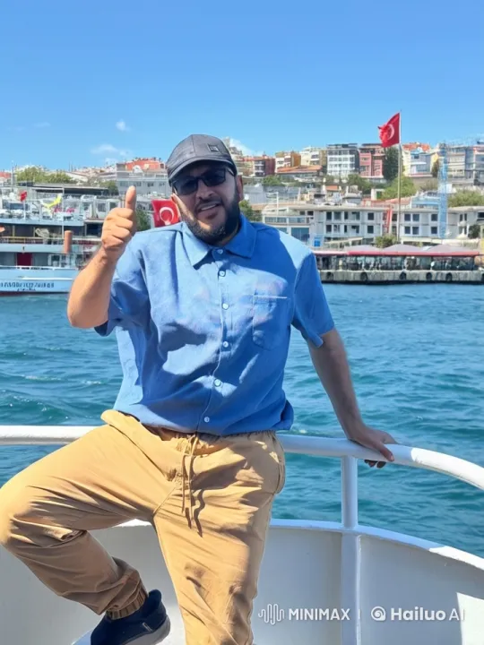 Man Smokes Cigarette on Boat with Lively Waterfront View – AI Generated Video | Hailuo AI