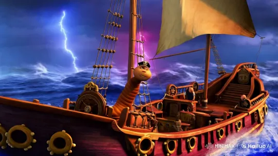Animated Earthworm Captain Commands Pirate Ship in Storm – AI Generated Video | Hailuo AI