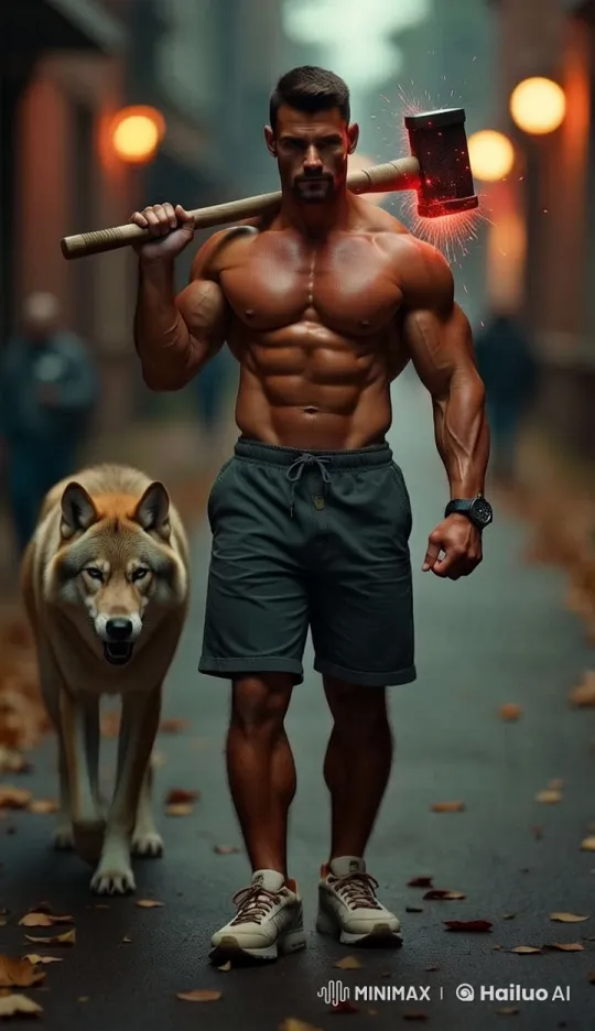 Bodybuilder and Loyal Wolf Walk Through Moody Street – AI Generated Video | Hailuo AI