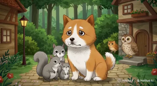 Animated Forest: Dog, Squirrels, Owl, and Flickering Lamp Post – AI Generated Video | Hailuo AI