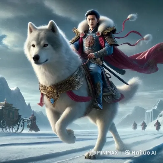 Royal Procession in Snowy Mountains with Armored Man and White Wolf – AI Generated Video | Hailuo AI