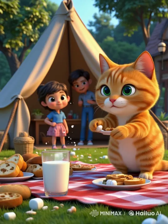 Family Picnic with Playful Cat and Spilled Milk – AI Generated Video | Hailuo AI