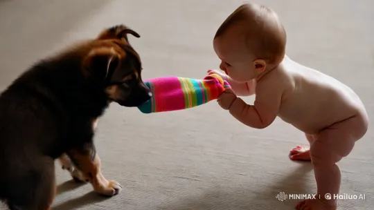 Puppy and Baby's Playful Tug-of-War Over Sock – AI Generated Video | Hailuo AI