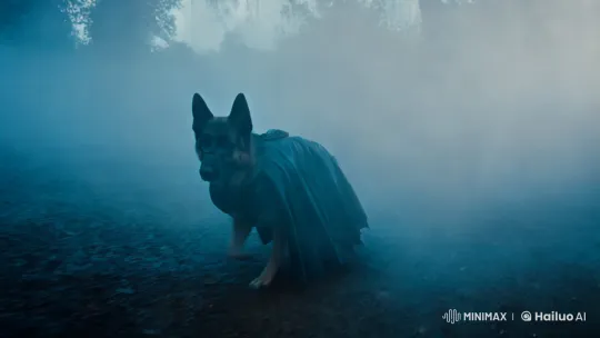 German Shepherd in Batman Costume in Mysterious Forest – AI Generated Video | Hailuo AI
