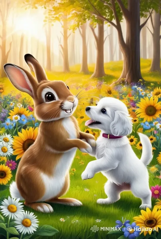 Rabbit and Puppy Share Joyful Moment in Sunny Forest Clearing – AI Generated Video | Hailuo AI