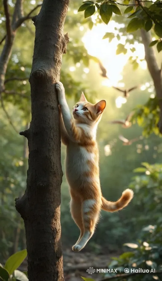 Ginger Cat Climbs Tree in Golden Forest Sunrise – AI Generated Video | Hailuo AI