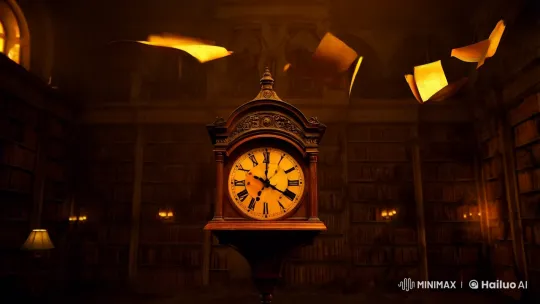 Ancient Library: Time's Rapid Tick Meets Floating Pages – AI Generated Video | Hailuo AI
