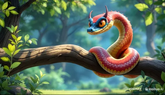 Colorful Snake's Devious Monologue in Verdant Forest – AI Generated Video | Hailuo AI